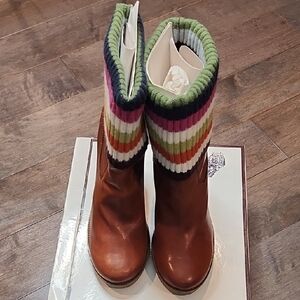 Coach brown Leather Boots with Multicolor Knit Cuff